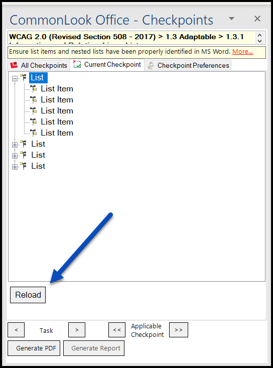 The CommonLook List checkpoint with the Reload button highlighted.  