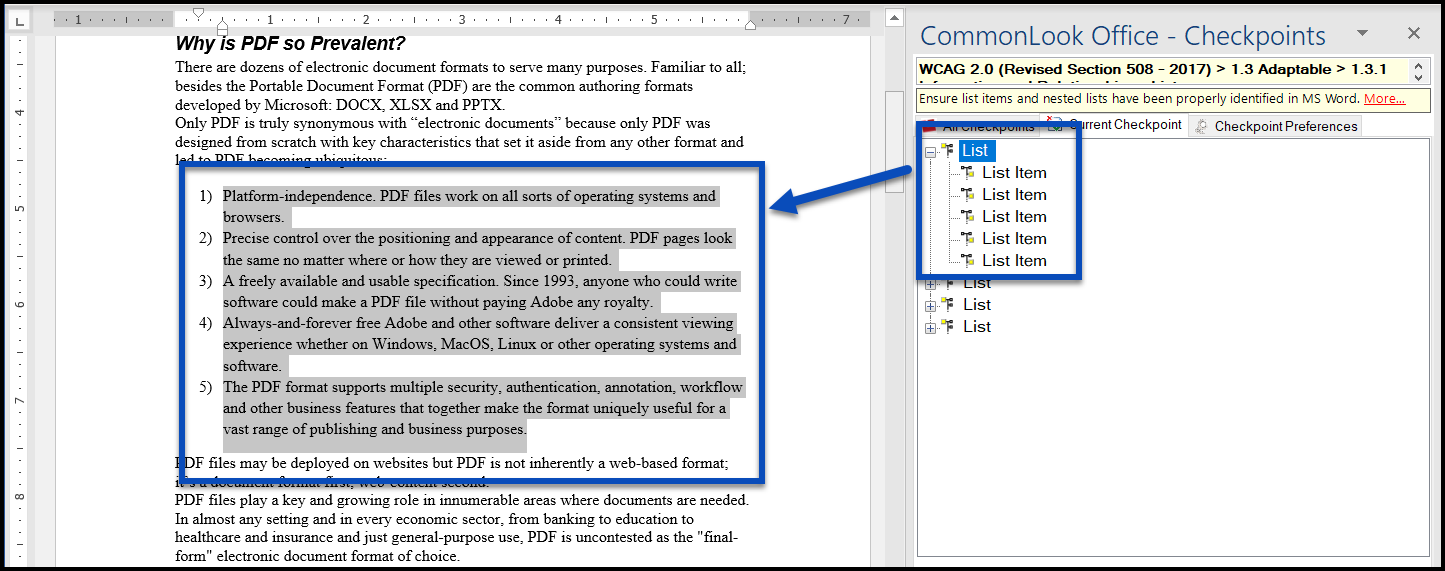 The list in CommonLook and the list in the physical view match.  