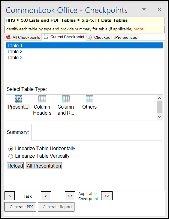 The Data Table checkpoint panel in CommonLook Office.