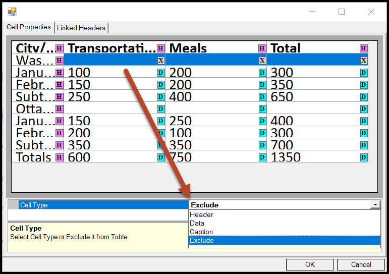 Cells are selected in the table and the Exclude option is highlighted in the drop-down menu.