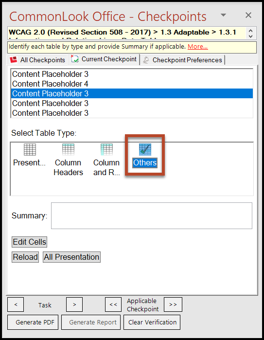 The Others table type is highlighted in the CommonLook Office Tables checkpoint.