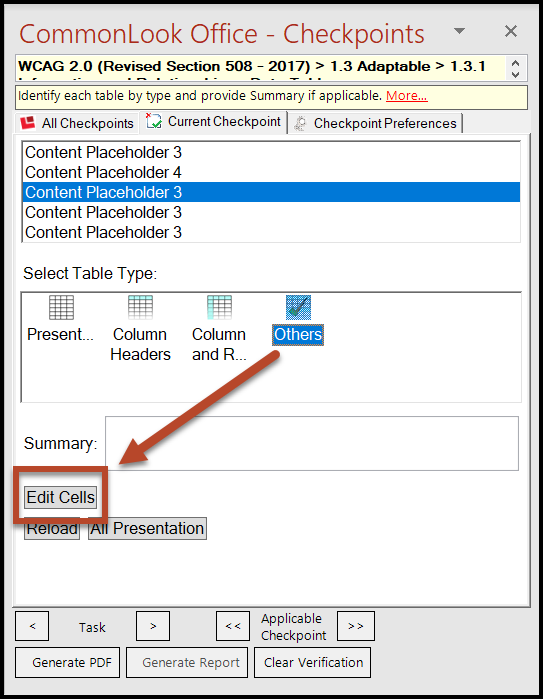 The Edit Cells button is highlighted in the CommonLook Office panel.