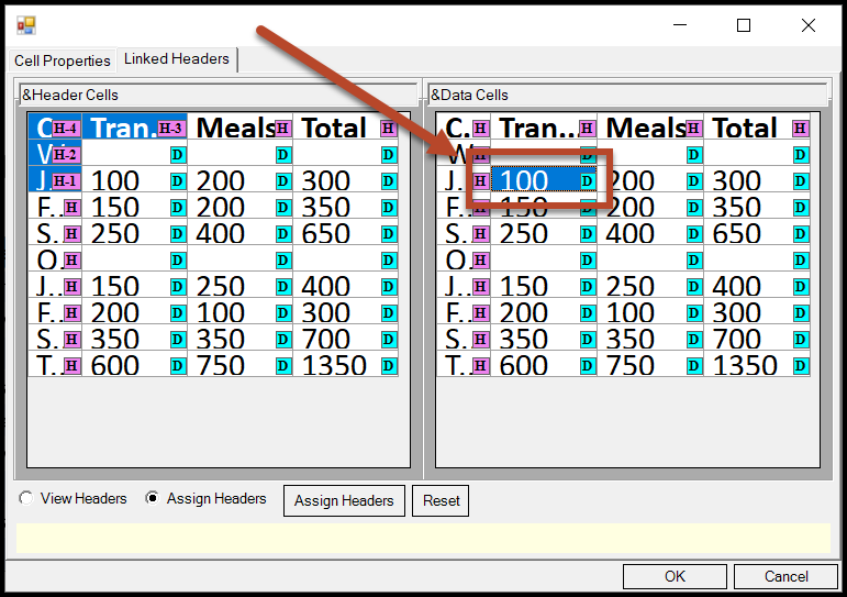 The Data cell to be linked to the header cells selected in the previous step is highlighted.