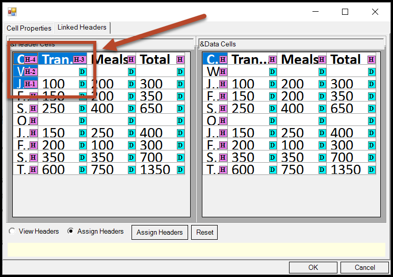 Screenshot showing the header cells selected in the correct order.