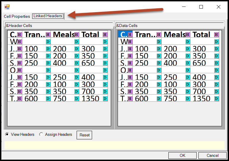 The Linked Headers tab is highlighted in the panel.