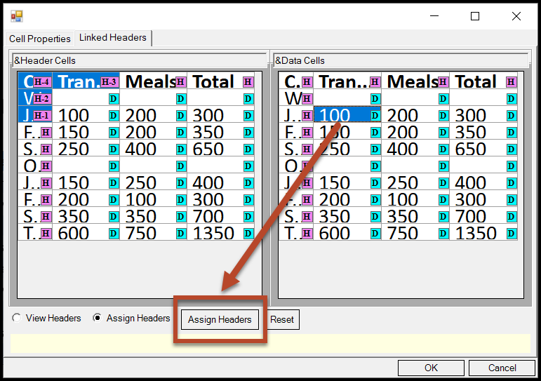 The button to assign the data cell to its header cells is highlighted.