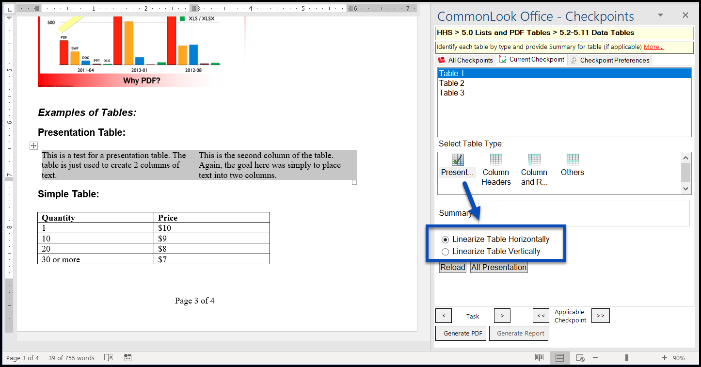The options to Linearize Table Horizontally and Linearize Table Vertically are highlighted.