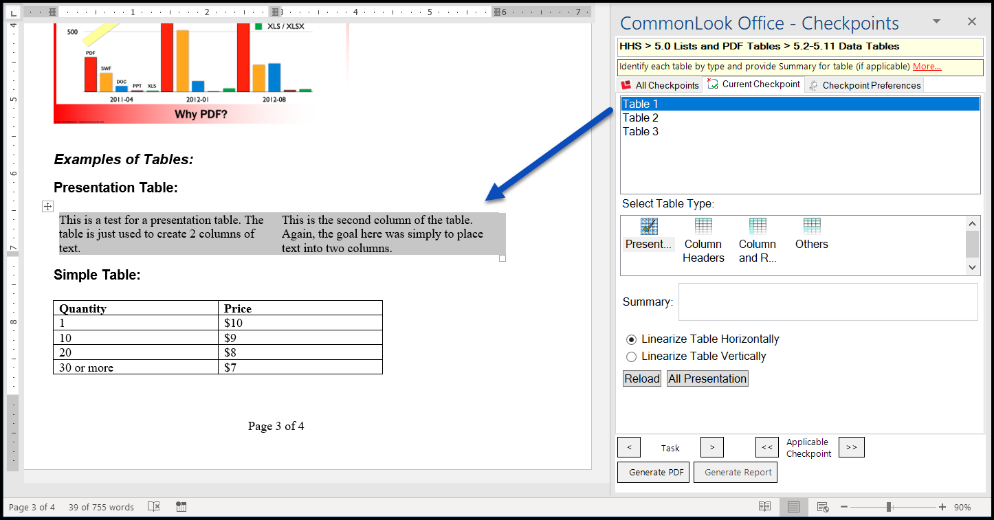 The presentation table has been selected in the CommonLook panel and it is highlighted in the Word document.
