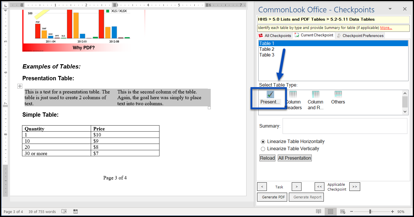 The CommonLook Office panel with the "Presentation" table type highlighted.