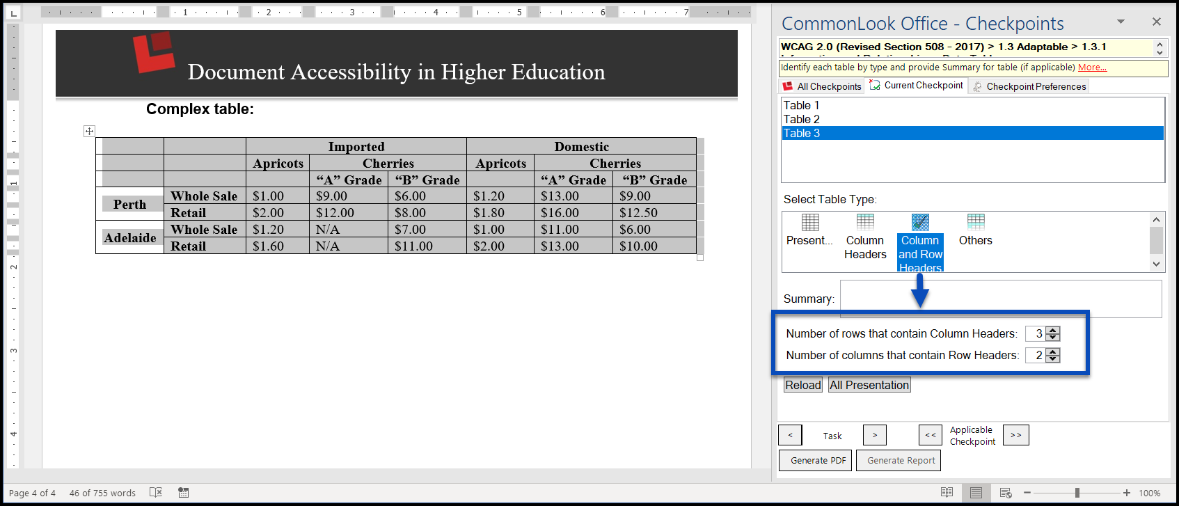 Screenshot of the Tables checkpoint in CommonLook Office.  A data table is selected, the type "Column and Row Headers" is highlighted as are the dialog boxes to specify the numbers of rows that have column headers in them and the number of columns that have row headers in them.