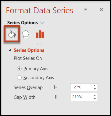 The Format Data Series panel open in PowerPoint and the Fill and Line button is highlighted.  