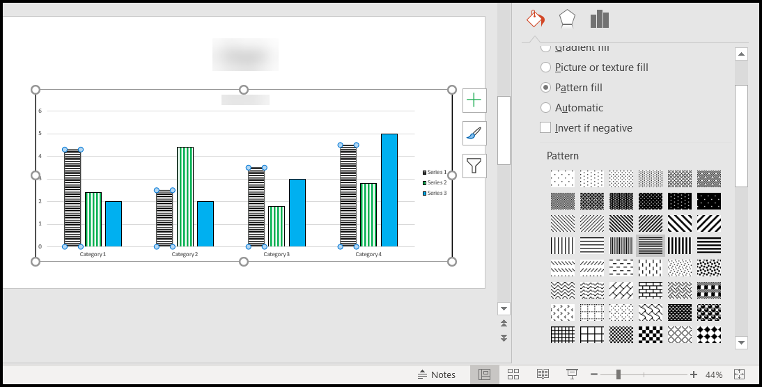 A chart in PowerPoint with the Format Data Series panel open on the right of the window.  The radio button for "Pattern fill" has been selected and various pattern choices are shown below.  
