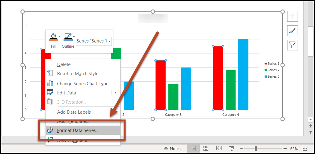 A chart in a PowerPoint slide with the context menu open to Format the Data Series.  