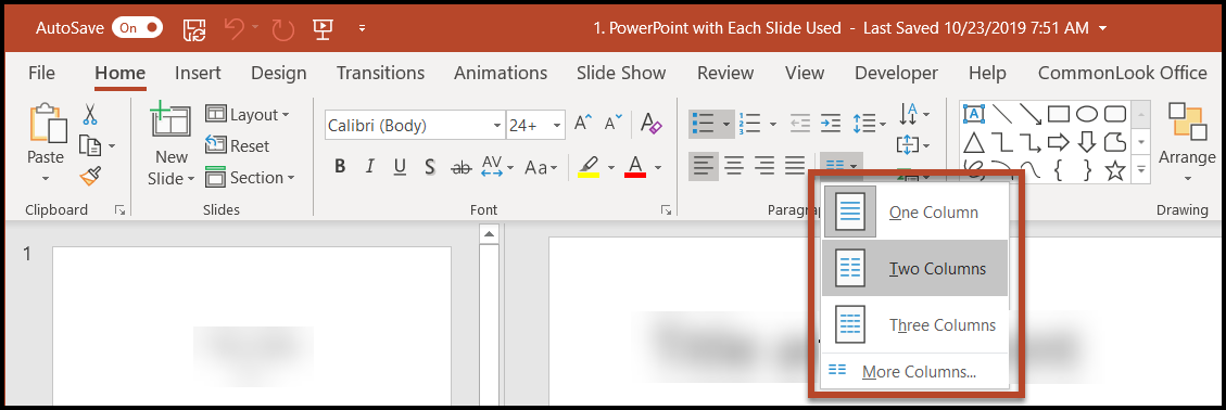 The context menu is open to select the number of columns needed on the slide.  The "more columns" option is at the bottom of the context menu.  