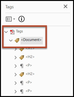 Screenshot showing the Tags root and the Document tag opened.  The carets next to each are highlighted. 