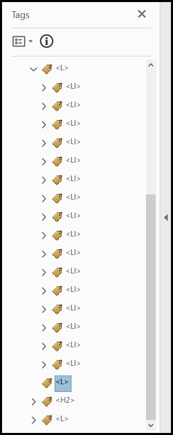 Screenshot showing all of the List Item tags for the two-slide list all under the same List tag. There's also an empty List tag left behind in the Tags tree. 