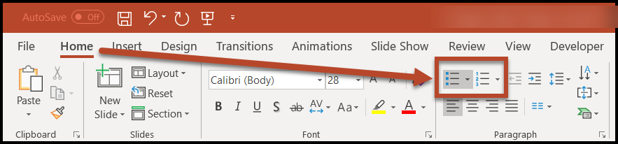 Screenshot of with the Home tab and the list buttons highlighted in the ribbon. 