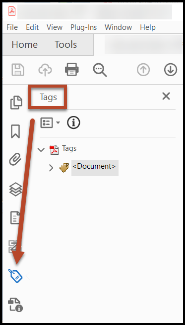 Screenshot of the Tags pane in Acrobat with the Tags Icon highlighted. 