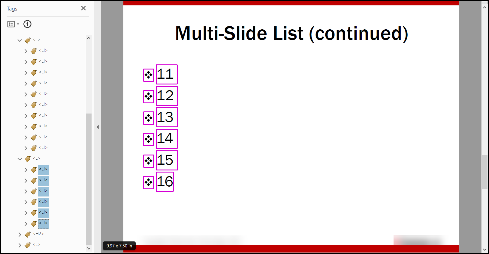 Screenshot showing two list tags expanded and the List Item tags in the second list are all selected. 