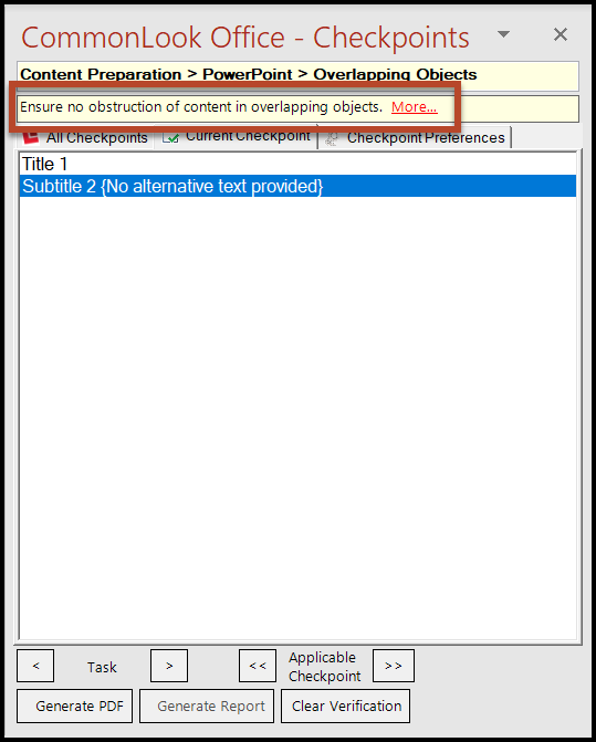 The Overlapping Objects checkpoint in CommonLook Office. Two overlapping elements are listed. 