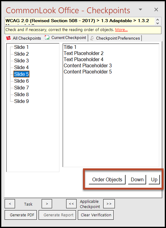 The Reading Order checkpoint in CommonLook Office.  The "Order Objects," "Up," and "Down" buttons are highlighted.  