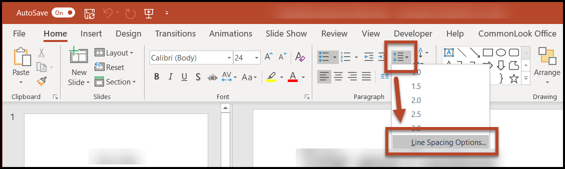 In the Paragraph group, the Line Spacing menu is expanded and "Line Spacing Options" is highlighted.  