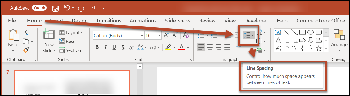 The  Line Spacing button is highlighted in the Paragraph group in the Ribbon on the Home tab. 