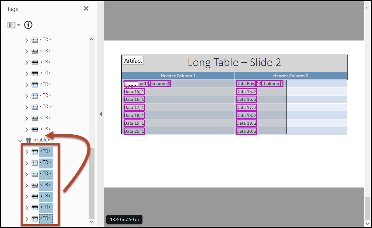 Screenshot showing the Table Row tags in the second table all selected and the last TR tag in the first Table tag is highlighted, showing where to move the selected TR tags. 