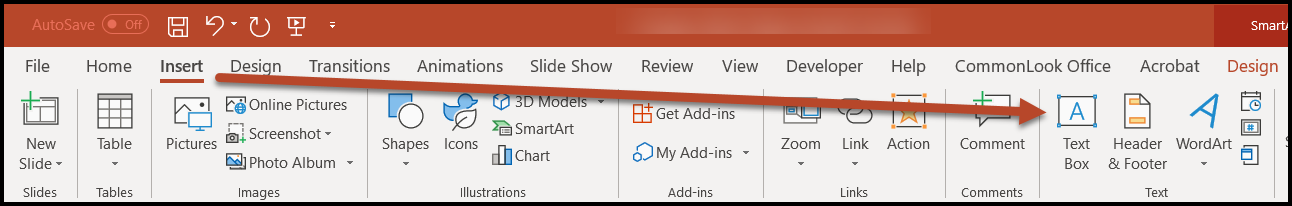The Insert tab and the Text Box button are highlighted in the PowerPoint ribbon. 