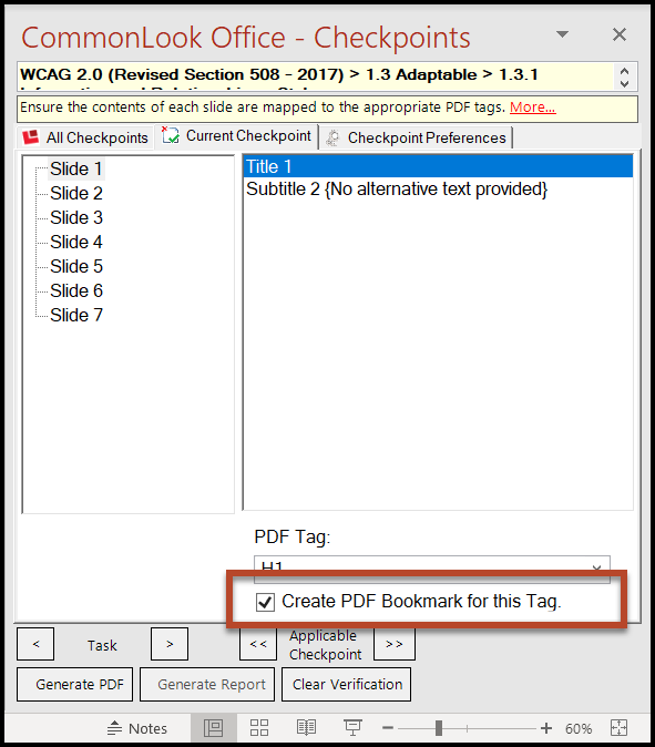 The "Create PDF bookmark for this Tag" checkbox is highlighted in the CommonLook panel. 