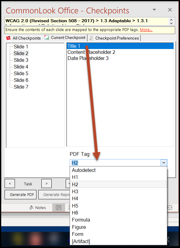 Screenshot showing the PDF Tags drop-down menu expanded to change the tag type that will be assigned to the element selected. 