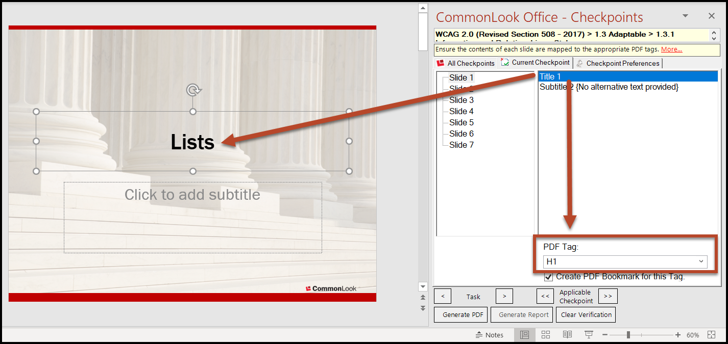 Screenshot of the CommonLook panel listing all of the elements on the first slide in PowerPoint. "Title 1" is selected, the Title is highlighted in the physical view, and the PDF Tag "H1" is assigned. 