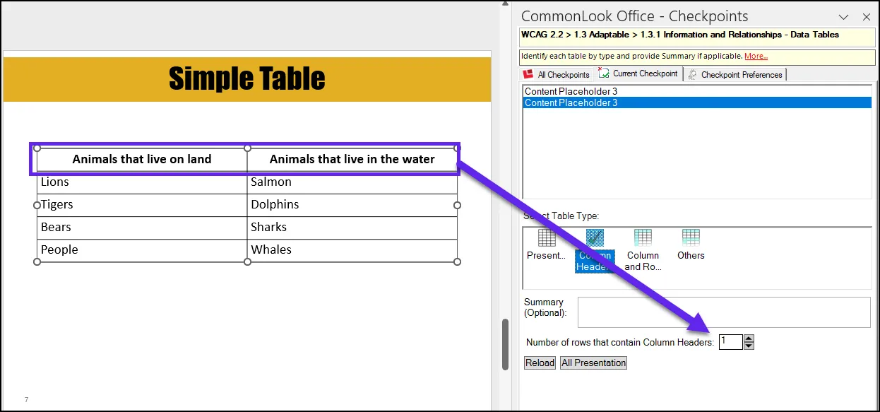 The top row in the table, containing the column headers, is highlighted in the Physical View and the “Row with Column Headers” value is set to 1 in the CommonLook Panel