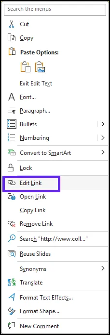 Screenshot of the Edit Hyperlink dialog box in PowerPoint. The field to edit the text to display is highlighted.