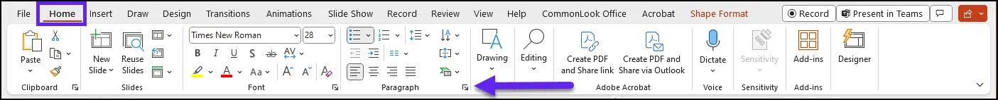 Screenshot of the toolbar in the PowerPoint with the Home tab and the arrow in the Paragraph group identified.