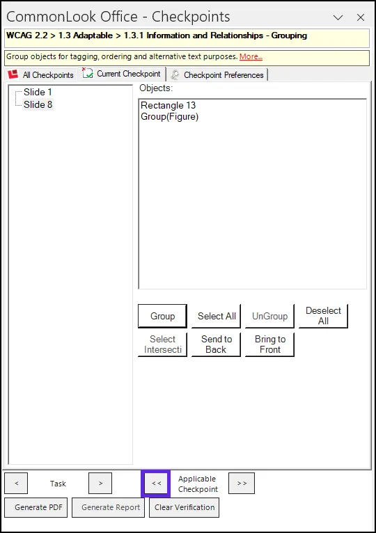 Screenshot of the Grouping checkpoint with the Previous Applicable Checkpoint button highlighted.