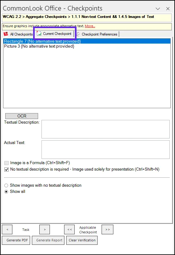 The “Current Checkpoints” tab highlighted in CommonLook Office. In the All Checkpoints panel, the current checkpoint displays two detected figures from the document.