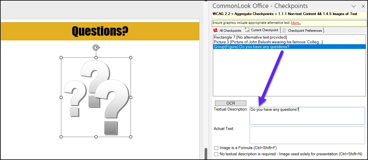The images checkpoint panel with the Group(Figure) selected and the Alt text has been entered in the Textual Description field.