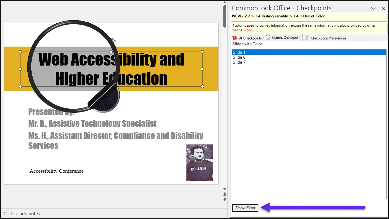 Screenshot of the color checkpoint in CommonLook Office. Then “Show Filter” button is highlighted and the lens is on the first slide, removing some of the color.