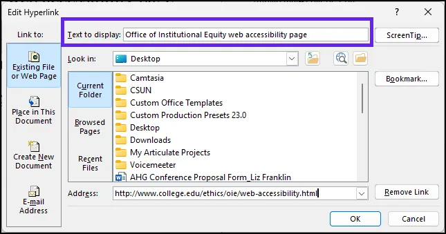 Screenshot if the Edit Hyperlink dialog box in PowerPoint. The field to edit the text to display is highlighted.