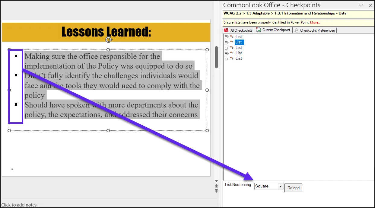 Screenshot of the second list expanded in the list checkpoint panel. The square bullet points of the list are highlighted in the Physical view with the List numbering value set to square at the bottom of the List checkpoint panel.