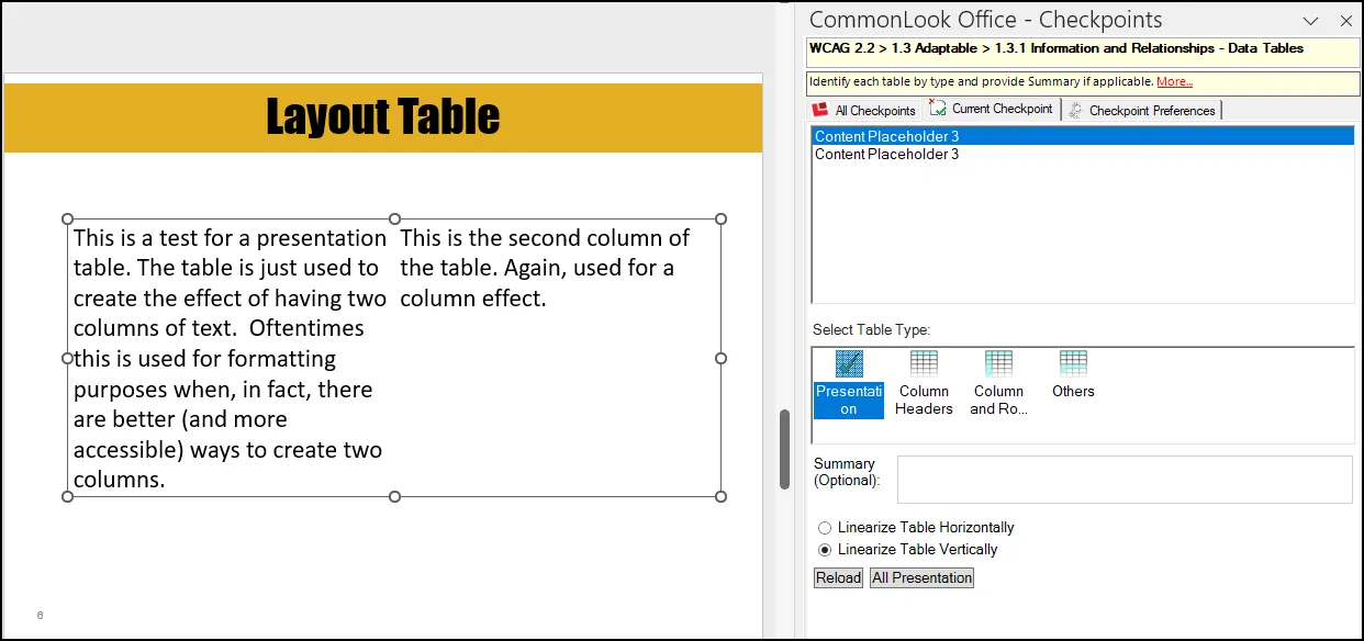 Screenshot of the Tables checkpoint in CommonLook Office with the second table selected and the Column Header table type option highlighted.