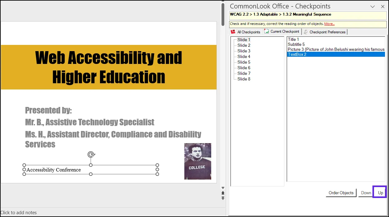 Screenshot of the CommonLook panel in the Meaningful Sequence (Reading Order) checkpoint. TextBox 2 is selected and the Up button is highlighted.