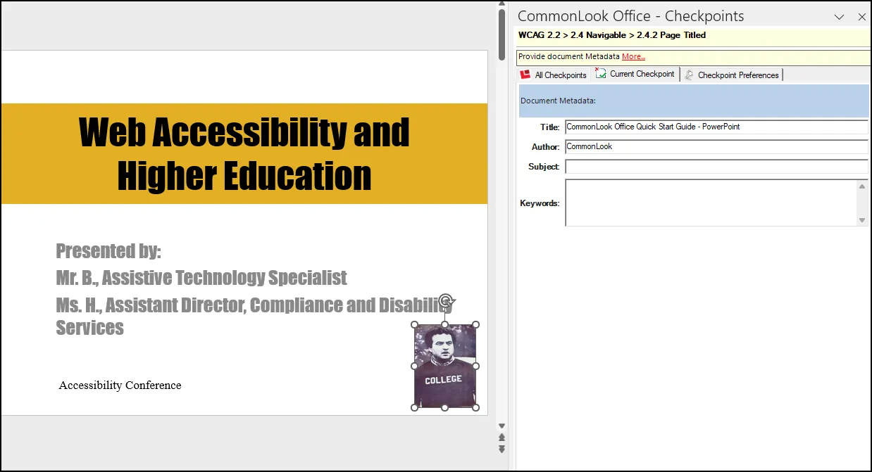 Screenshot of the Metadata Checkpoint in CommonLook Office