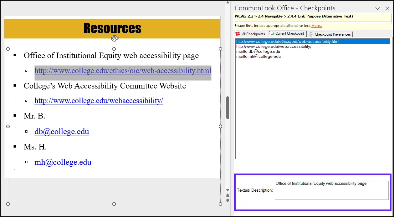 : Screenshot of the CommonLook Office Panel for Link Alternative text. The first link is selected in the CommonLook panel, it is highlighted in the Physical View, and the Textual Description has been entered below.