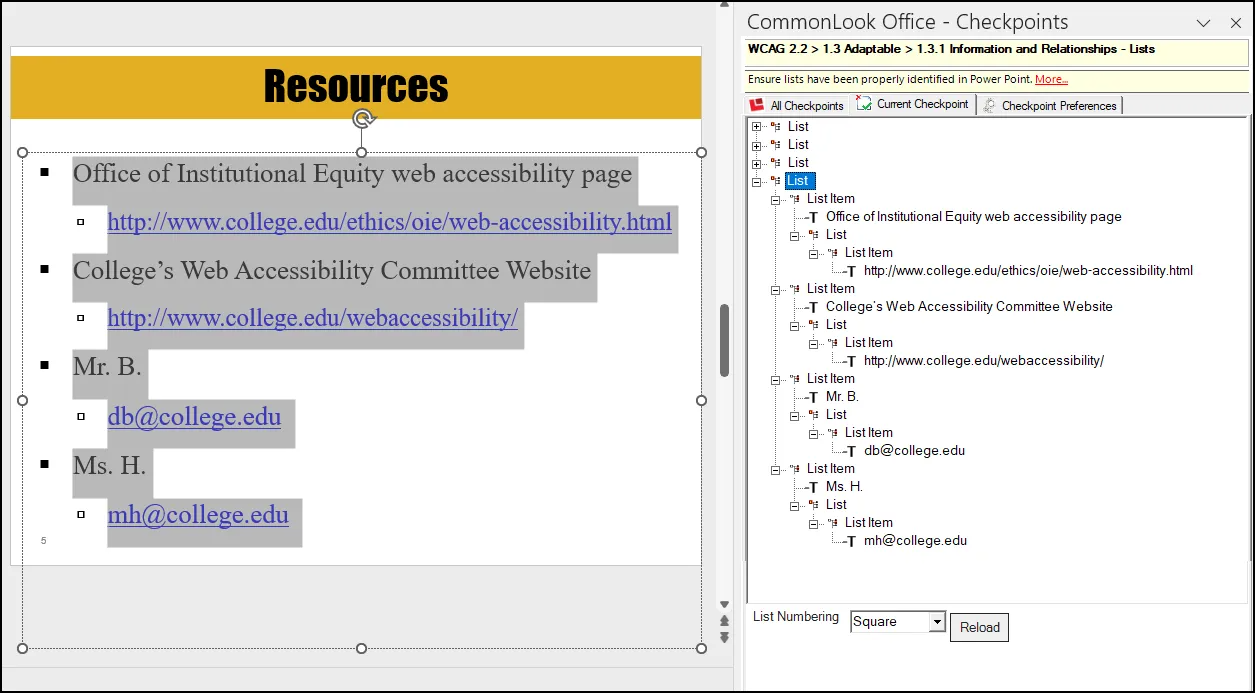 Screenshot of the last lists fixed, the list items are expanded in CommonLook Office, and two of the sub-lists are identified in CommonLook and in the Physical View.