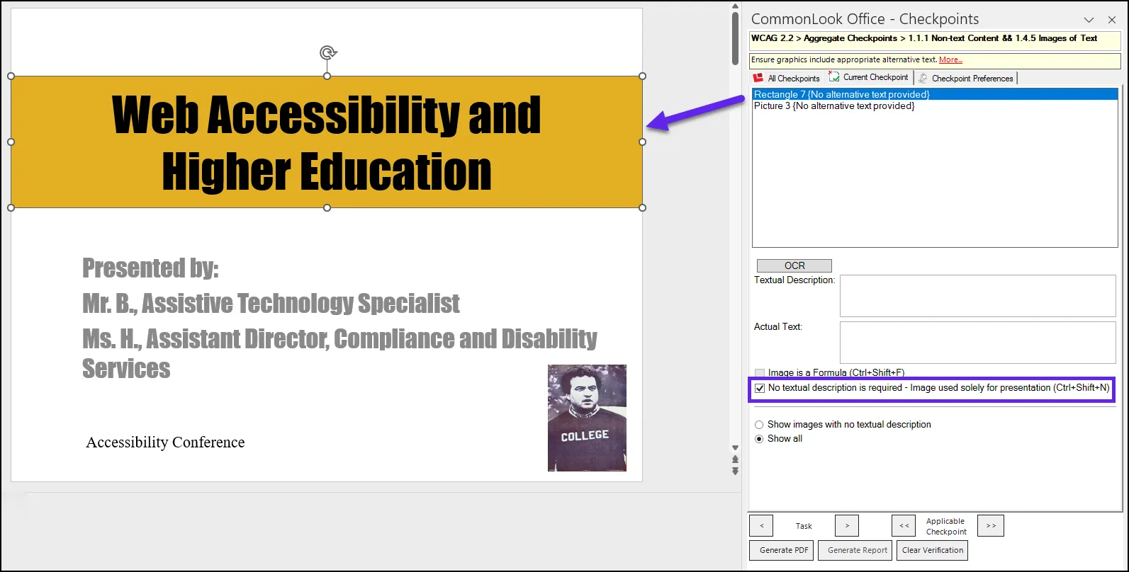 Screenshot of the non-text content and images of text checkpoint panel. Rectangle 7 is selected in the panel, highlighted in the physical view, and the checkbox to artifact the rectangle is also highlighted.