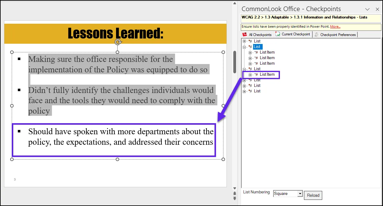 Screenshot of the list panel in CommonLook Office with the second list selected. In the Physical View, only two of the three list items are highlighted. The third list’s single list item is also highlighted as is its corresponding text in the physical view.