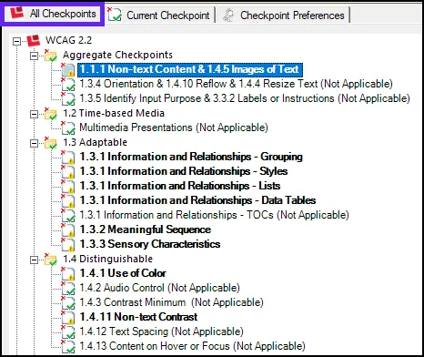 The “All Checkpoints” tab highlighted in CommonLook Office. In the All Checkpoints panel, there are 9 bolded checkpoints and 8 non bolded checkpoints with “Not Applicable” in parentheses.