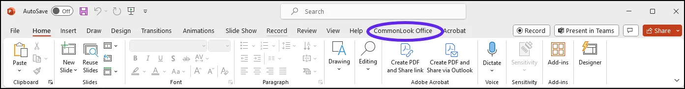 The CommonLook Office tab in the Microsoft PowerPoint ribbon.